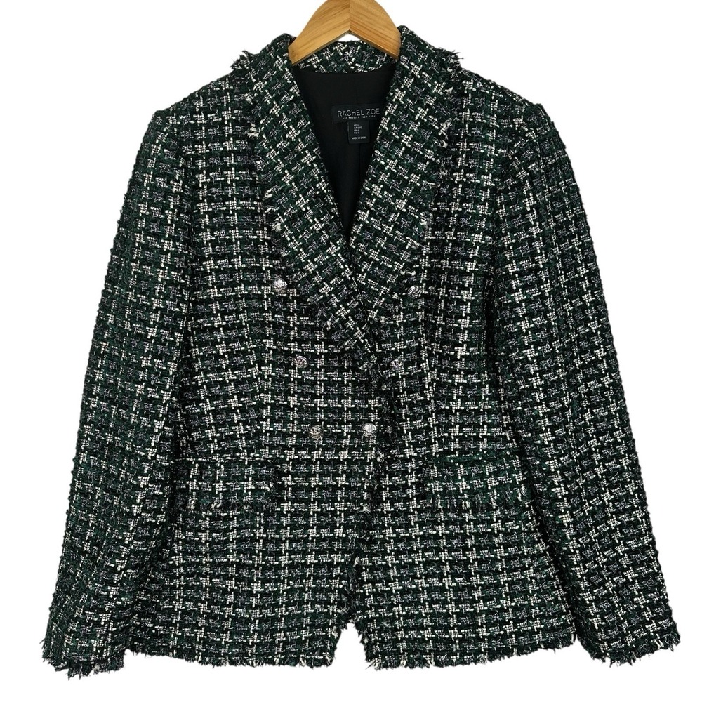 Rachel Zoe Tweed Double Breasted Blazer Womens‎ Large Green Black Boucle Fringe